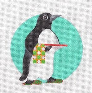 Dede Penguin Waiter with Tray Towel Handpainted Needlepoint Canvas 