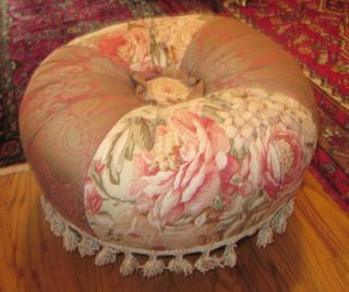 Victorian Style Fully Upholstered Ottoman Footrest Cabbage Rose Fabric 