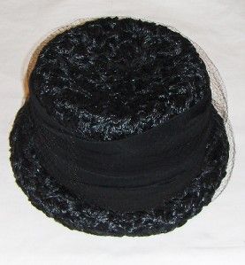 New Vtg Roberta Bernays Black Straw Hat Womans Bucket Cloche Church 
