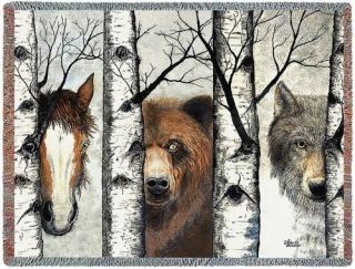 lodge wolf bear horse tapestry throw afghan blanket time left