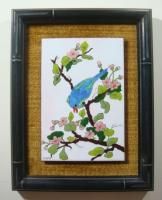   Signed Green & Blue Bird Hand Painted Tile Art Framed Betty Gray TX