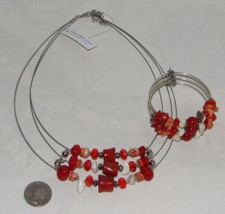 PC Wire Coral White Red Gemstones Bibb Necklace Bracelet