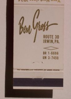 1960s Matchbook Ben Gross Restaurant Route 30 Irwin PA