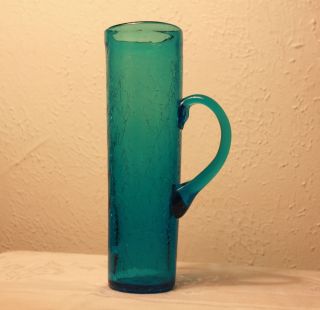    Century Blue Hand Blown Art Glass Crackle Vase w Handle Bischoff 9