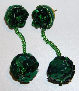 Vintage GREEN Dangle Ball Sequin Beaded Earrings Pageant Pierced