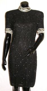 BLACK TIE OLEG CASSINI Neiman Marcus Dress Black Silk Beaded Formal 
