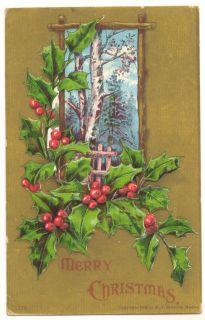 1908 Merry Christmas Birch Trees Holly Vintage Postcard