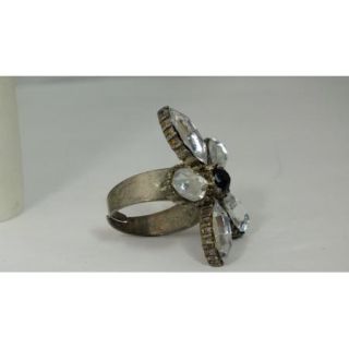 Vtg Unique Old Big Prystal Clear Stone Flower Ring Adjustable Costume 