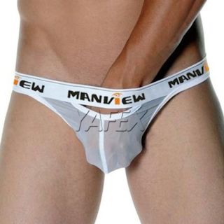 Men s See through mesh Underwear Bulge Pouch Thong String Bikini white 