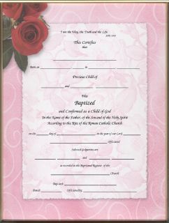 Child Catholic Baptism Certificate Red Roses on Pink Blank