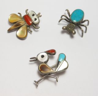 Lot 3 Zuni Turquoise Bug Bird Pins Pendant $❶NR