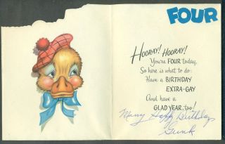 Vintage Birthday Greeting Card Hi Ya Four Year Old Silly Dressed Duck 