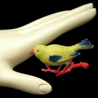   Vintage Carved Painted Figural Bird Brooch Pin Yellow Red Blue