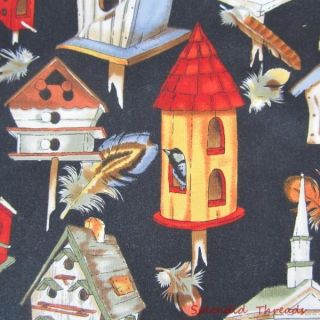 Birdhouses on Black Craft Quilt Fabric Alexander Henry Phillip de Leon 