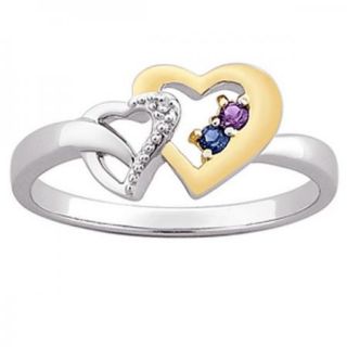 PERSONALIZED COUPLES STERLING SILVER TWO TONE HEARTS BIRTHSTONE RING