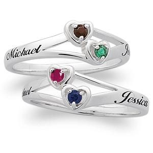Custom Sterling Silver Couples 2 Heart Birthstone Ring