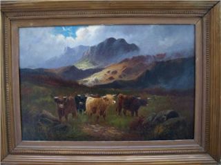 Large 19thC Oil Painting Highland Cattle Henry Calvert