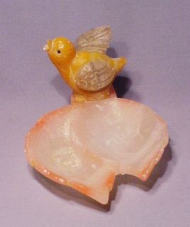 Carved Pink Alabaster Singing Canary Bird Trinket Dish