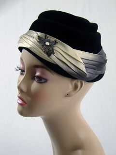   vintage kerrybrooke black wool bee hive hat with silver and ivory