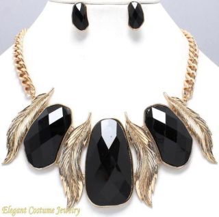   Gold & Black Floating Feather Statement Necklace Set Costume Jewelry