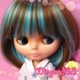 Blythe Doll Hair Wig Blue Brown Bob Highlight Short