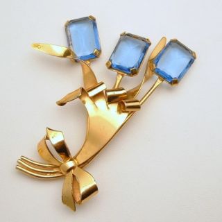   Silver Vermeil Vintage Brooch Pin Retro Blue Glass Flowers Huge