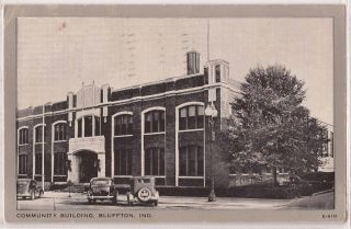 Bluffton Indiana Postcard Community Building 1940s Cars 1950 Postmark 