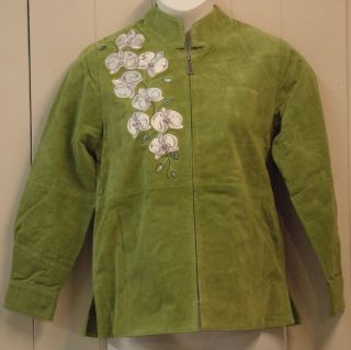 Bob Mackie Orchid Embroidered Suede Jacket Size s Green