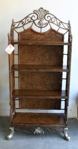   Bakers Rack Shelf Display Bookcase Heavy Wrought Iron & Woven Rattan