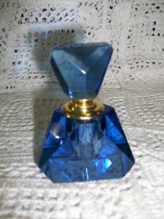   Cut Crystal Clear Blue Glass Murano Style Perfume Bottle Gold