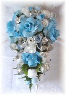 8pc Silk Wedding Bouquet Flowers Light Blue White Silver Bridal Roses 