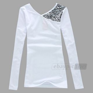 Neck Long Sleeve Slim Leopard Stitching T shirt Tee Tops Women M L