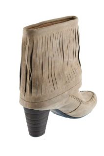 Born New Banbury Tan Leather Fringe Fold Over Block Heels Ankle Boots 