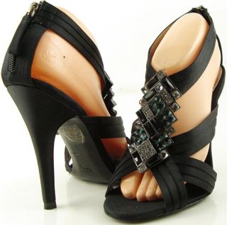 Bourne Collection Black Satin Jeweled Womens Evening Shoes Sandals 10 