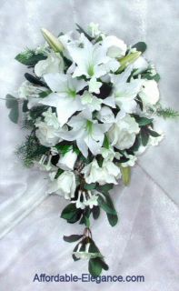 White Stargazer Tiger Lily Rose Bridal Bouquet Wedding Silk Flowers 