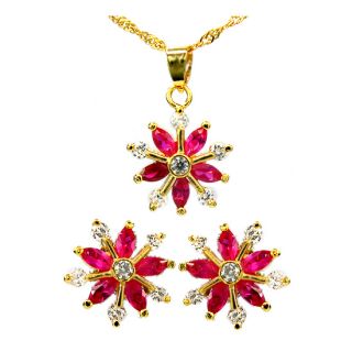 Wedding Jewelry Set Jewellery Snowflake Cut Red Ruby Pendant Earrings 