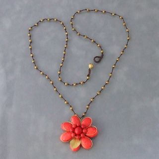 Brass Bells Floral Essence Red Coral Stone Cotton Rope Necklace