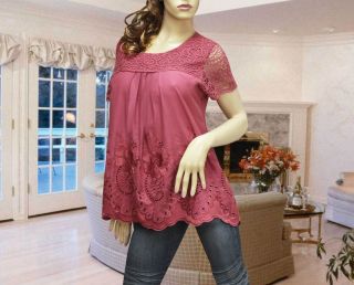 Brick Red Embroidery Applique Lace Tunic Top 1285 L XL