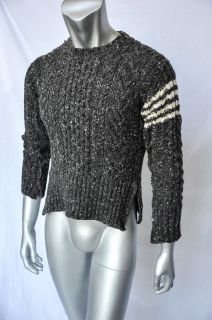 Thom Browne Mens Wool Crew Neck Grey Arm Stripe Ribbed Cable Knit 