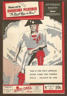 1940 Pittsburgh Pirates Scorecard vs Brooklyn Dodgers