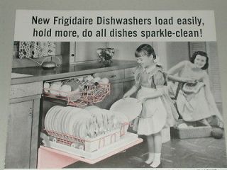   Frigidaire advertisement page, built in DISHWASHER, 50s ranch kitchen
