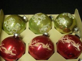   60s Stenciled Flock Fancy Glass Bulb Christmas Ornaments USA
