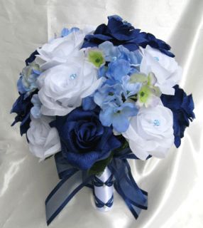 Wedding Bouquet Bridal Silk flowers NAVY BLUE WHITE PERIWINKLE 17pc 