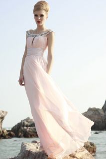 Peach Chiffon Silk Jeweled Evening Formal Prom Bridesmaid Ball Gown 