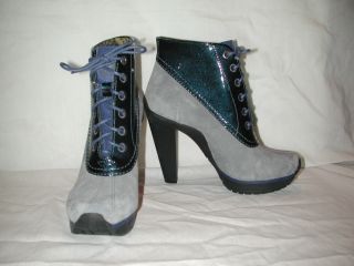 DKNY Britten Lace Up Bootie High Heel Platform Boots Blue Gray 6 