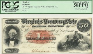 1862 $50 Virginia Civil War Treasury Note Gorgeous PCGS Choice AU 58 