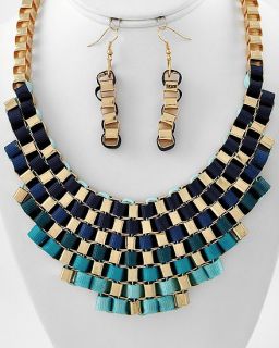 Woven Chain Collar Necklace Blue Ribbon Earring Set Summer Hot Fashion 