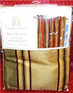 Window Curtains Faux Silk Stripe 42x84 Gold Green Brown Tan Rod Pocket 