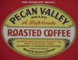Unused Vintage Pecan Valley Coffee Label Brownwood TX