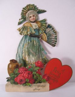 Frances Brundage Die Cut Valentine 1900 Young Girl with Fan Heart 